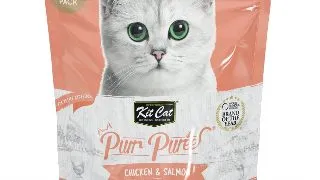 KIT CAT Purr Puree, Pui si Somon, plic, punguta recompense fara cereale pisici, (piure), multipack, 15g x 40buc