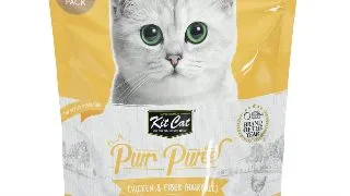 KIT CAT Purr Puree Hairball, Pui, plic, punguta recompense fara cereale pisici, limitarea ghemurilor de blana, (piure), multipack, 15g x 40buc