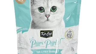 KIT CAT Purr Puree Hairball, Ton, plic, punguta recompense fara cereale pisici, limitarea ghemurilor de blana, (piure), multipack, 15g x 40buc