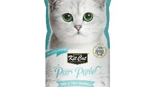 KIT CAT Purr Puree Hairball, Ton, plic, punguta recompense fara cereale pisici, limitarea ghemurilor de blana, (piure), 15g x 4buc