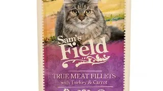 SAM'S FIELD True Meat Fillets, Curcan si Morcov, plic hrana umeda fara cereale pisici, (in sos), 85g
