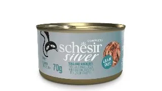 SCHESIR Silver, Ton si Macrou, conserva hrana umeda fara cereale pisici senior, (in supa), 70g