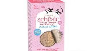 SCHESIR Baby Mousse & Fillets, Pui si Somon, conserva hrana umeda fara cereale pisici junior, (mousse), multipack, 55g x 3buc