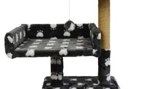 AGILITY Canapea, ansamblu de joaca pisici, 2 etaje, lemn si plus, imprimeu labute, elemente de zgariat, elemente atarnate, negru, 70cm