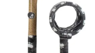 AGILITY, ansamblu de joaca pisici, 2 etaje, lemn si plus, imprimeu labute, elemente tunel, elemente de zgariat, alb si gri, 75cm