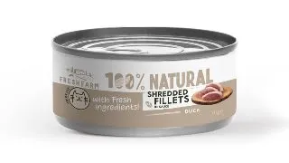 FRESH FARM Schredded fillets, Rata si Pui, conserva hrana umeda fara cereale pisici, (in sos), 70g