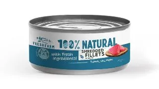 FRESH FARM Schredded fillets, Ton si Somon, conserva hrana umeda fara cereale pisici, (in sos), 70g