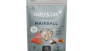 MARLY&DAN Hairball, Somon, punguta recompense functionale fara cereale pisici sterilizate, limitarea ghemurilor de blana, 40g