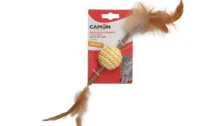 CAMON Matabi Minge cu Parghie &Pene, jucarie stimulare panda pisici, activitati fizice, lemn, multicolor, 14cm, 1buc