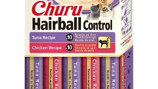INABA Churu Hairball Control Varieties, Pui si Ton, cutie recompense fara cereale pisici, limitarea ghemurilor de blana, (piure), 280g