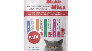 MIAU MIAU Creamy Snacks Mix Ton, Pui, Somon si Rata, recompense fara cereale pisici, (piure), 60g