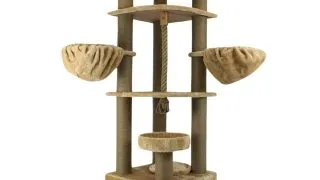 SHAW Lizbon, ansamblu de joaca pisici, 5 etaje, 1 casuta, MDF si plus, elemente de zgariat, elemente hamac, bej, 85x140x203cm