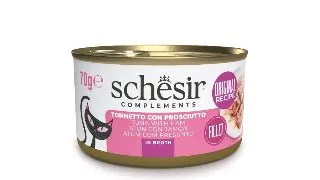 SCHESIR Complementary In Broth, Ton si Sunca, conserva hrana umeda pisici, (in supa), 70g