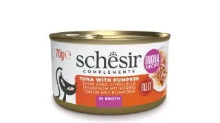 SCHESIR Complementary In Broth, Ton si dovleac, conserva hrana umeda pisici, (in supa), 70g