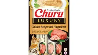 INABA Churu Luxury, Ton si Vita Wagyu, plic recompense fara cereale pisici, (piure), 56g