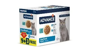 ADVANCE Sterilised, Cod, plic hrana umeda pisici sterilizate, (in sos), bax, 85g x 9 + 3buc GRATUIT