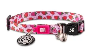 MAX & MOLLY Smart ID Strawberry Dream, zgarda pisici, ajustabila, poliester, roz si rosu, catarama trident, 22-35  x 1cm
