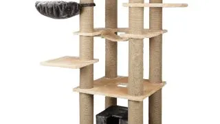 SHAW Madrid, ansamblu de joaca pisici, 4 etaje, 1 casuta, MDF si plus, elemente de zgariat, elemente hamac, bej, 105x105x200cm