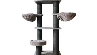 SHAW Lizbon, ansamblu de joaca pisici, 5 etaje, 1 casuta, MDF si plus, elemente de zgariat, elemente hamac, gri, 85x140x203cm